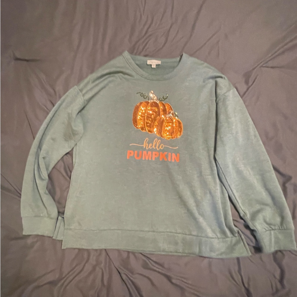 Chenault Blue Sweater with Pumpkin Design